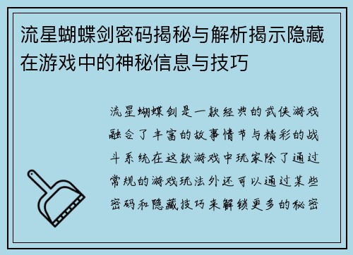 流星蝴蝶剑密码揭秘与解析揭示隐藏在游戏中的神秘信息与技巧